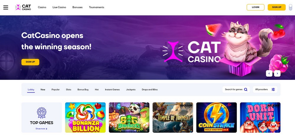Cat Casino lobby features many games with high RTPs and balanced volatilities 