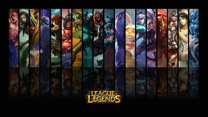 images of the champions of the online game League of Legends: Akali, Yasuo, Lux, Jinx, Thresh, Leona, and others