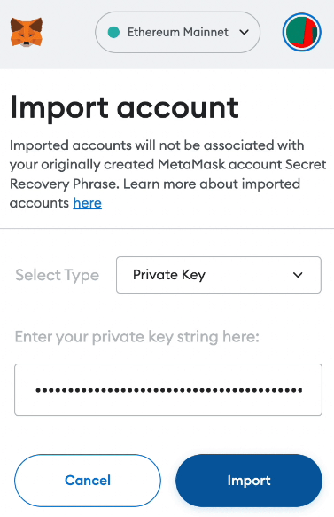 importing an account on metamask