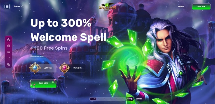 Main page of online casino Shazam: welcome bonus up to 300%