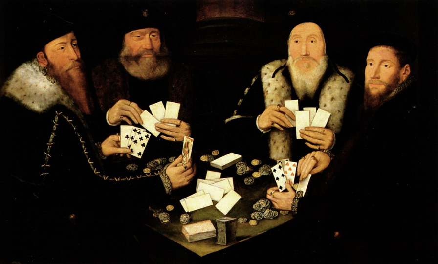 An old painting of four gentlemen playing Blackjack