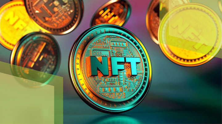Crypto coins with "NFT" text on them