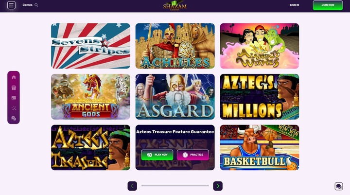 Slot machines in the Slots section of the Shazam casino website