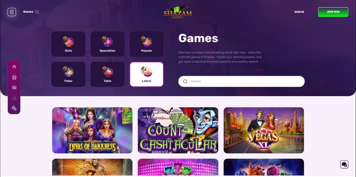 game sections offered by Shazam casino online