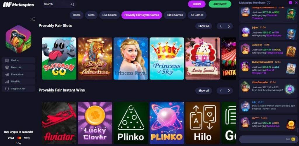 MetaSpins casino section with provably fair offers 