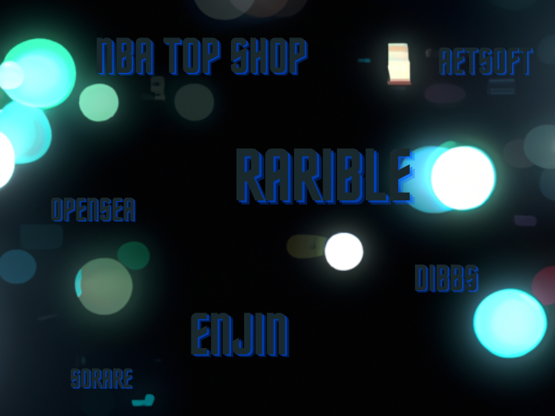 An AI-generated image of a dark background with names of the best NFT marketplaces where you can buy sports NFTs