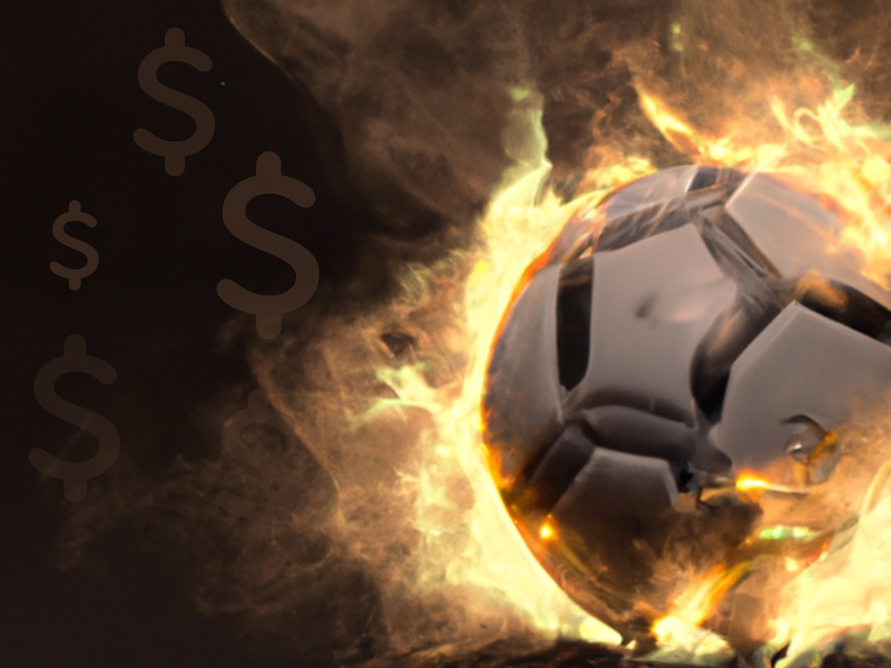 An AI-generated image of a football ball in the fire with translucent dollar signs