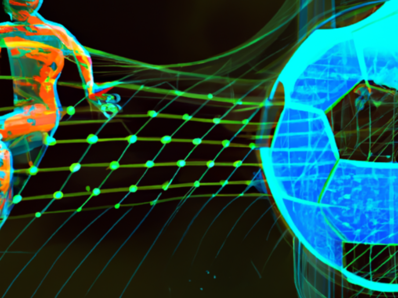 An AI-generated image of a football ball and a sportsman covered by a virtual net