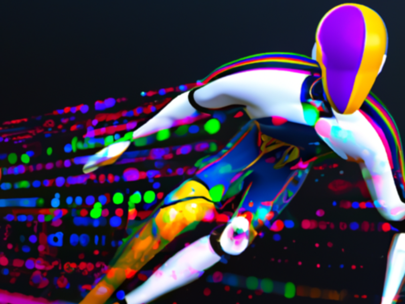An AI-generated image of a sportsperson rushing forward against the background of colored dots and lines