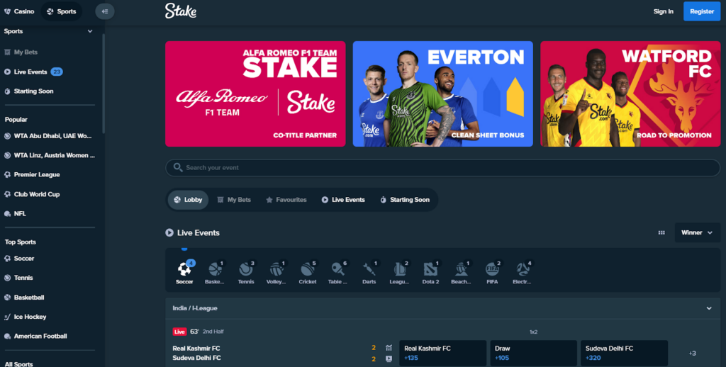 A screenshot from the Stake sportsbook