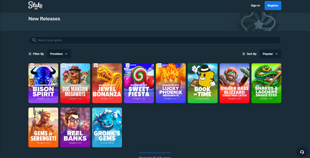 The main games from the New Releases category of the Stake site: Reel Banks, Book of Time, Bison Spirit, etc.