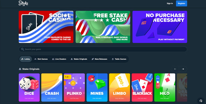 Main page of social online casino Stake USA: popular games and bonuses