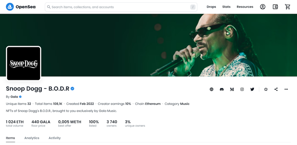 Snoop Dogg's NFT profile on OpenSea