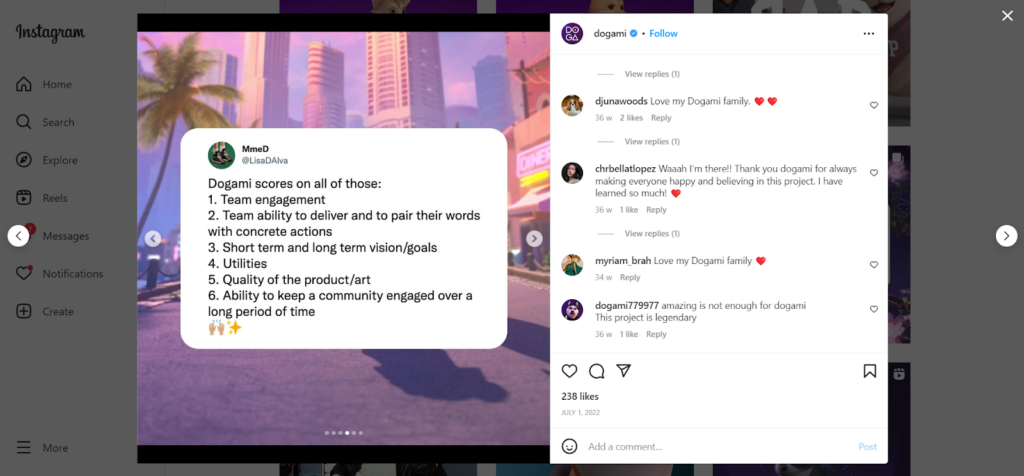 An Insta post made by the DOGA NFT gaming product team 