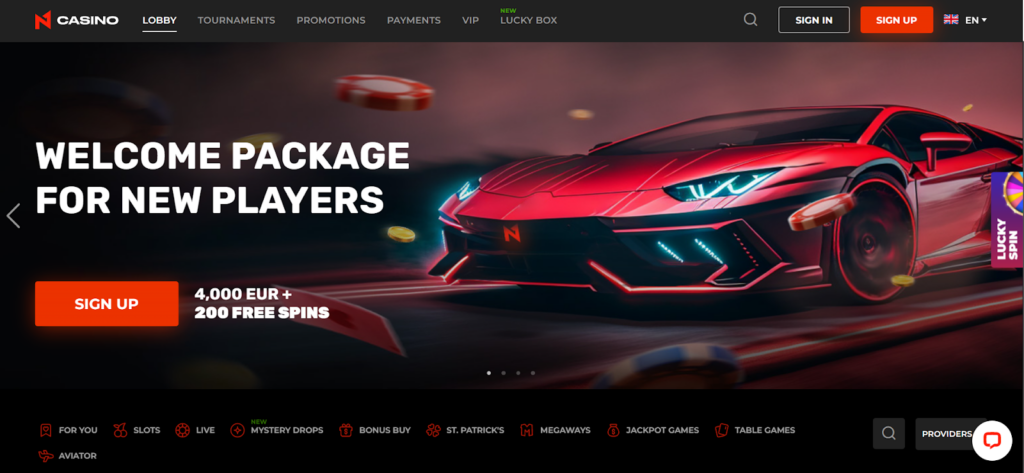 The casino homepage displaying the welcome bonus 