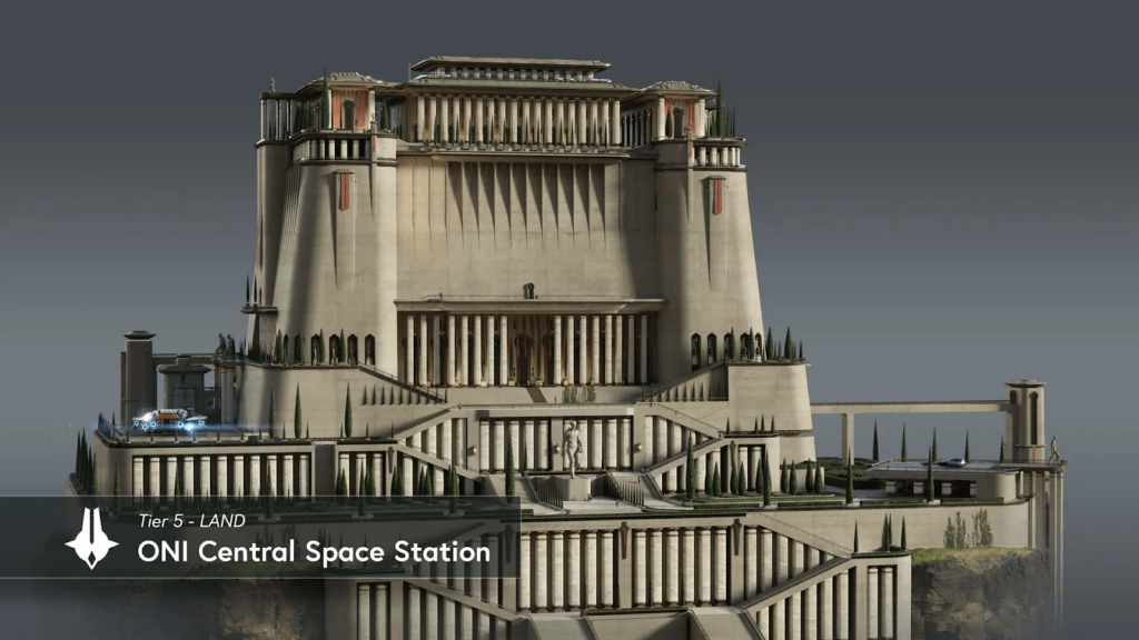 An ONI space station that looks like a geometric cosmic temple 