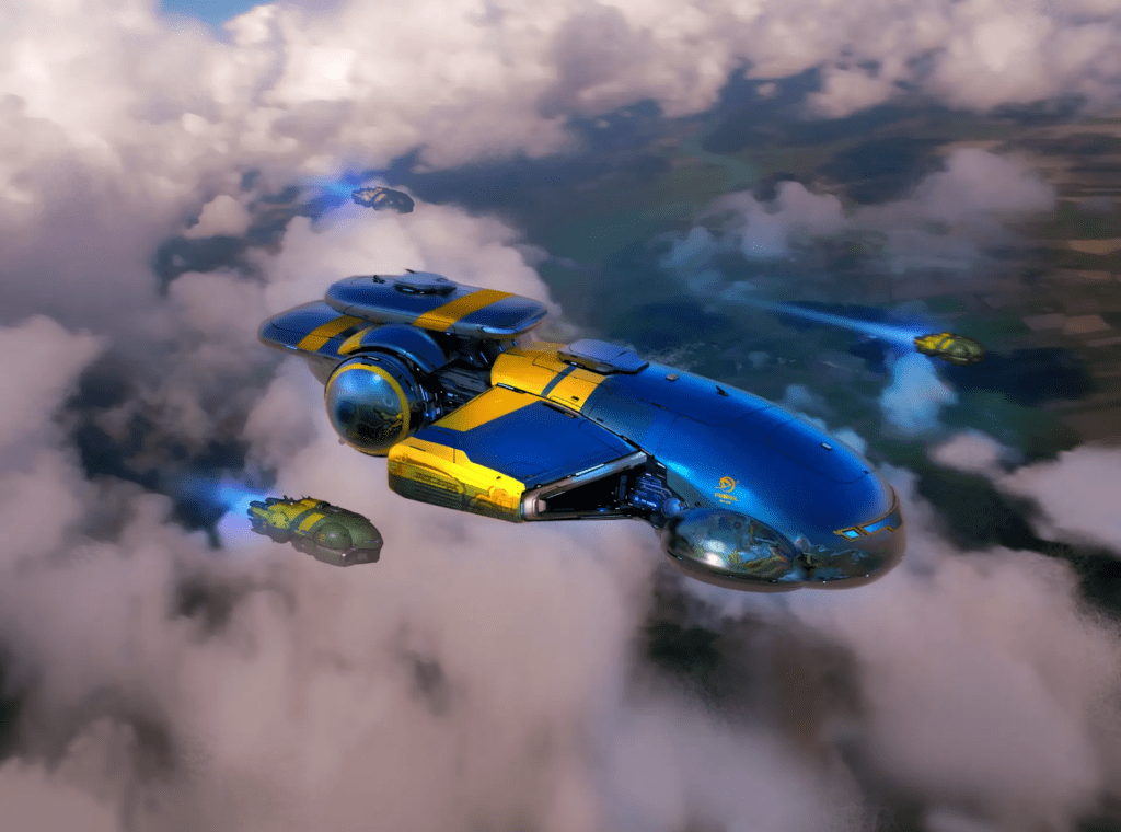 A blue-and-yellow colored spaceship