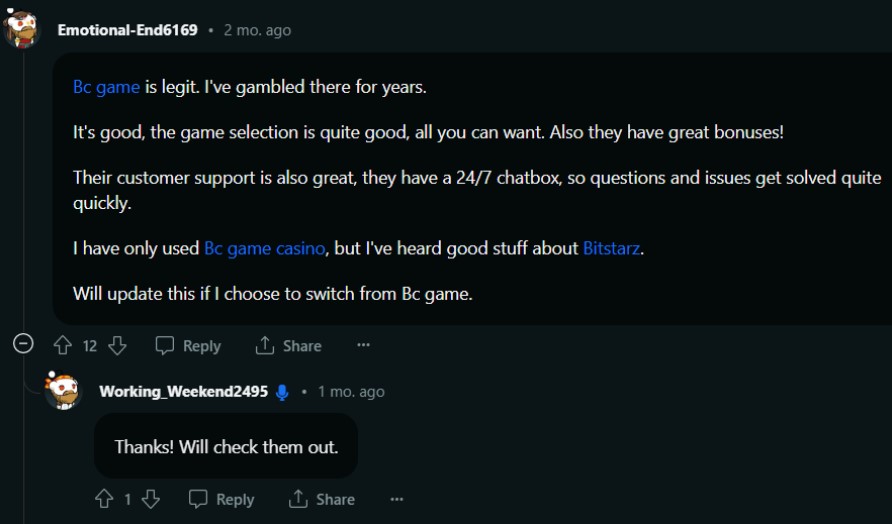 Reddit users discussing BC Game