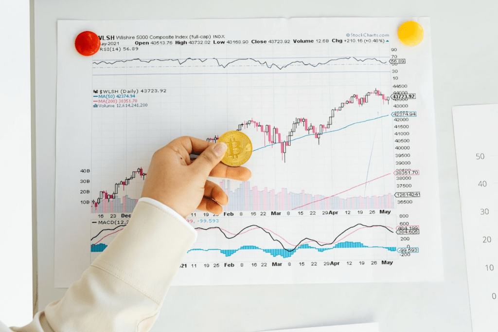 A hand holding a Bitcoin and a stock chart report