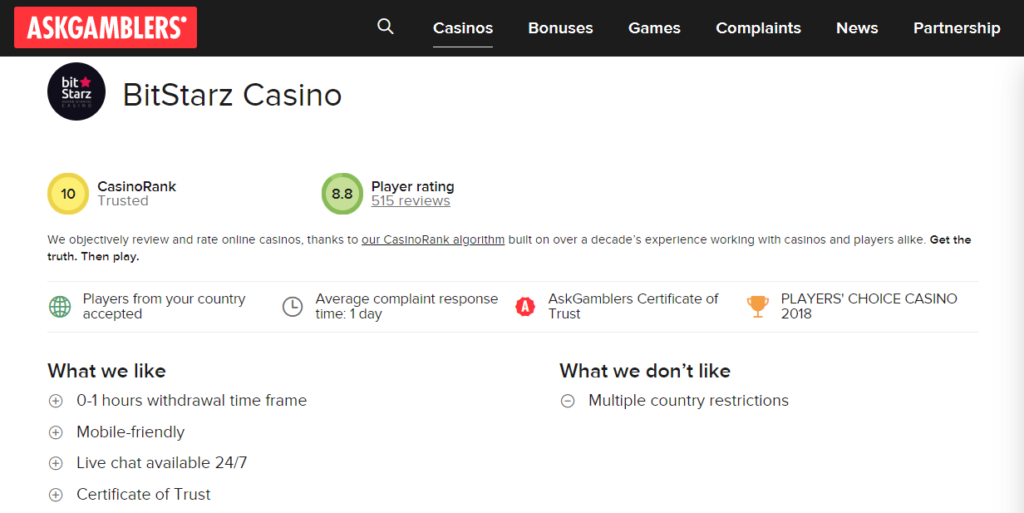 AskGamblers website. Bitstarz page. The casino rank is 10
