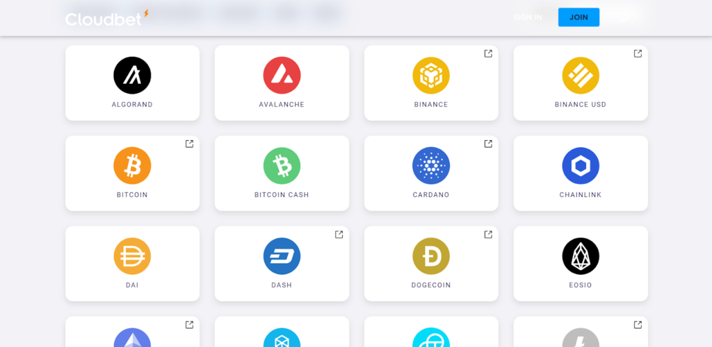 Cryptos Cloudbet accepts: Algorand, Avalanche, Binance, Binance USD, Bitcoin, Bitcoin Cash, Cardano, Chainlink, and others
