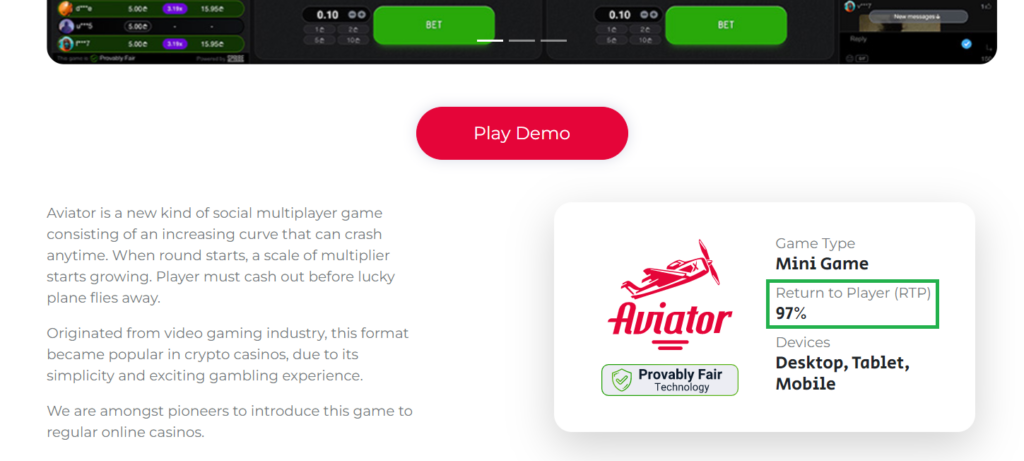 Aviator crypto game RTP % displayed on the official website 