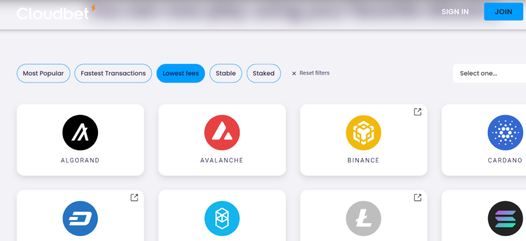 Cloudbet crypto payment filters: Most Popular, Fastest Transactions, Lowest Fees, Stable, and Staked 