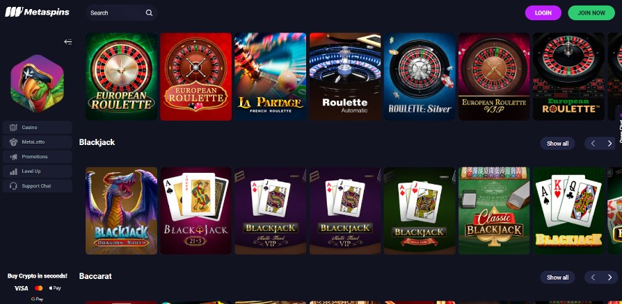 Roulette, Blackjack, and Baccarat games 