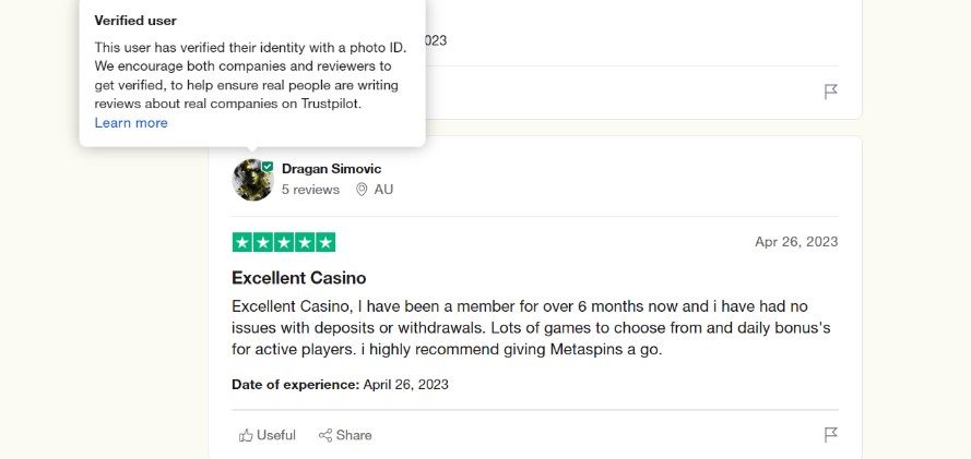 A Trustpilot comment from a user who has verified their account 