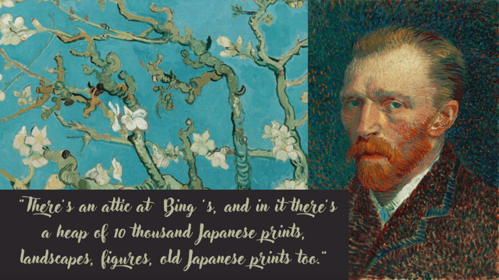 A collage with Van Gogh, his Japanese-themed painting, and a quote from his letter to Theo 