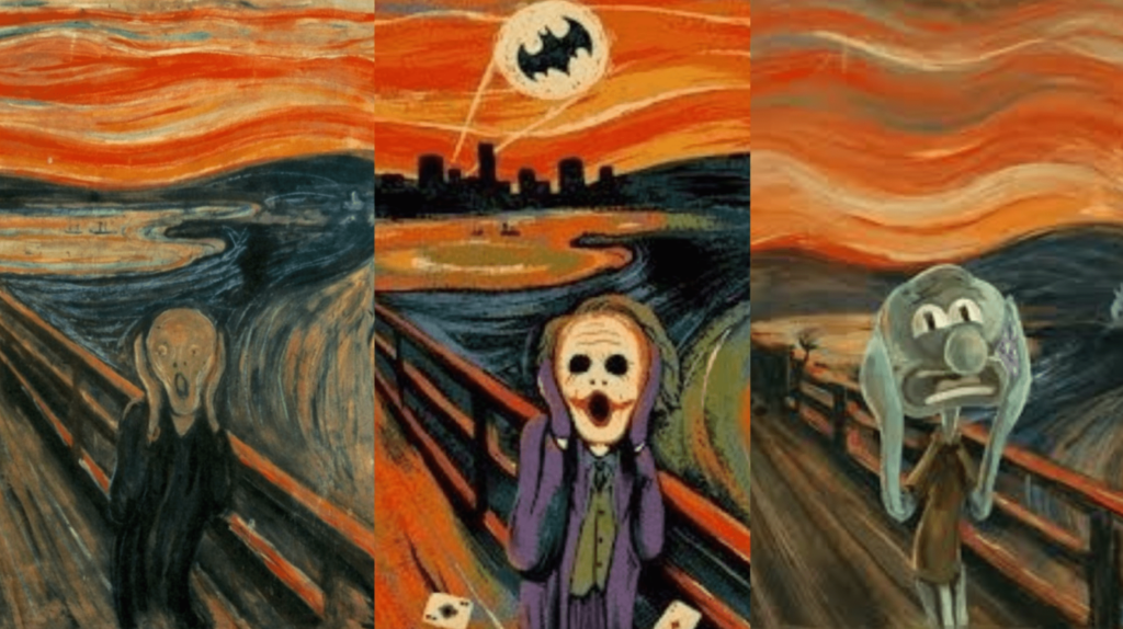 The Scream (Skrik) by Edvard Munch and two alternative versions of the original piece featuring Joker and Squidward