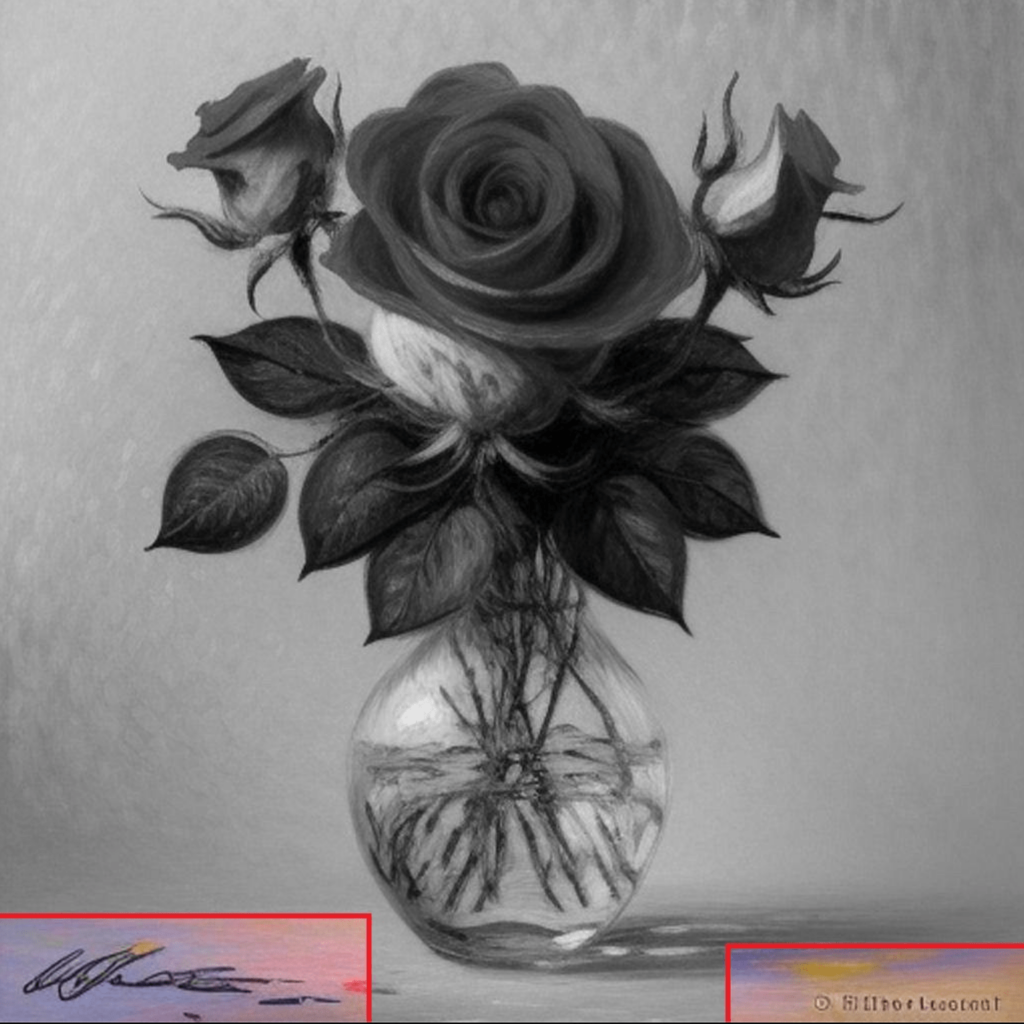 An AI-generated image of a rose with two signatures in the bottom corners 