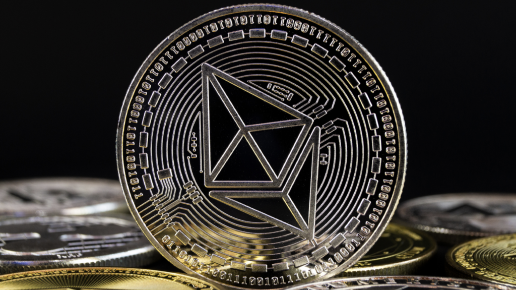 A close-up photo of an ETH coin 