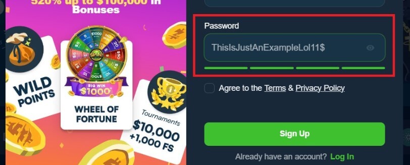 Creating a password for the account 