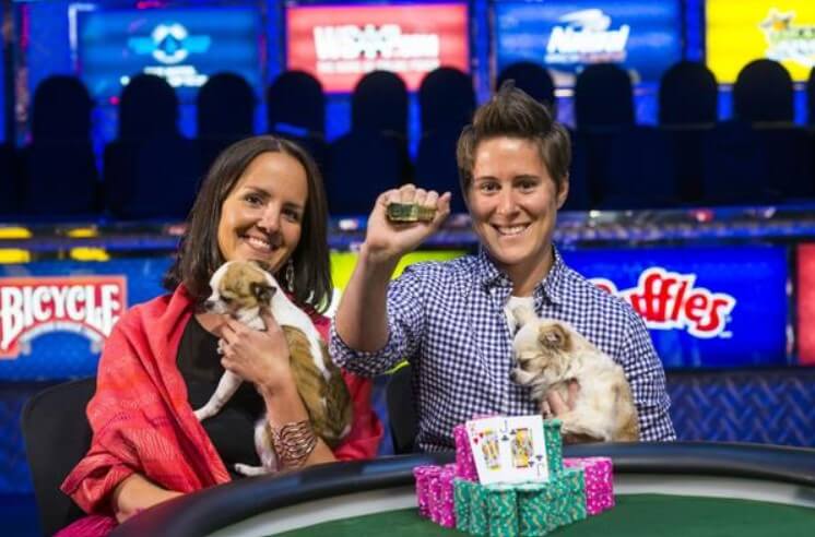 Vanessa Selbst with her wife and their pets at a casino