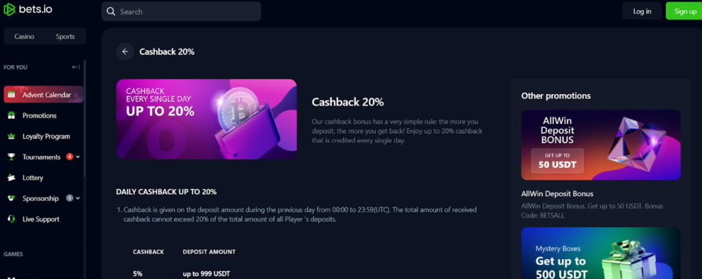 Cashback 20% Bets.io page