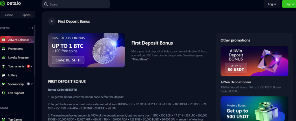 First Deposit Bonus Bets.io page