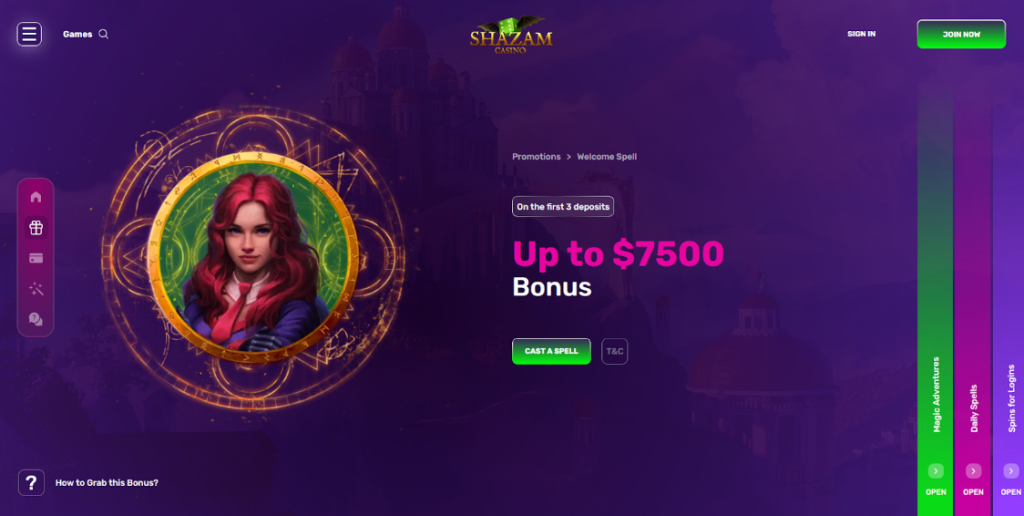 Shazam Casino Welcome Spell page