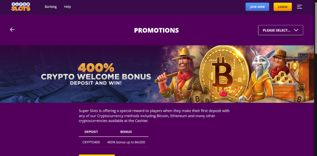 Super Slots Casino crypto welcome bonus