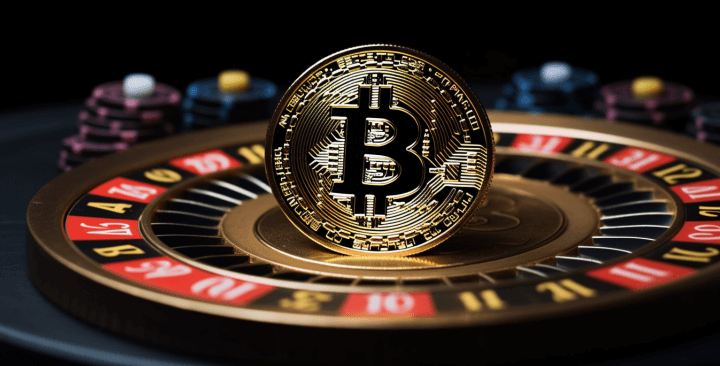 A BTC coin standing in the center of a casino roulette wheel