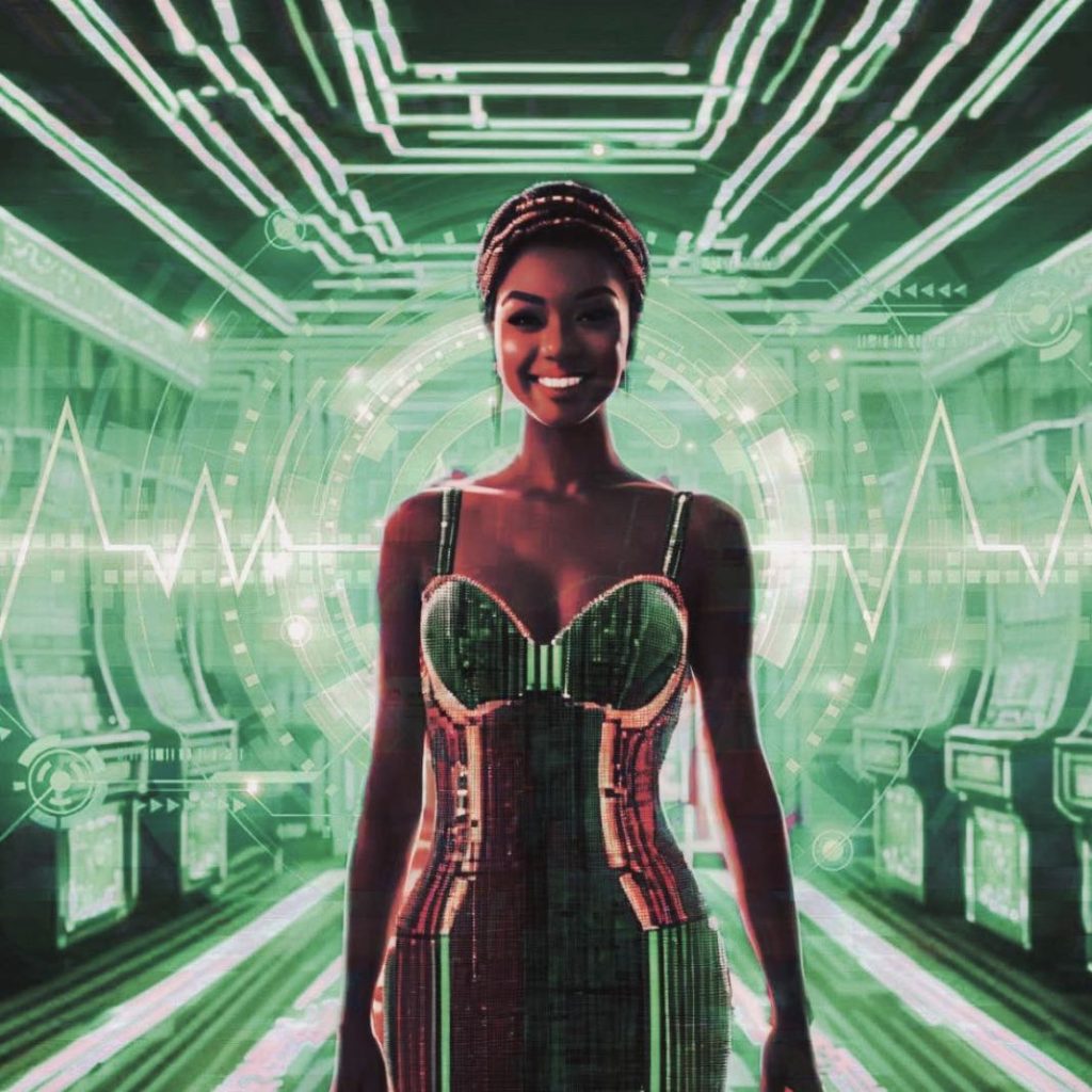 A generated image of a person wearing a shiny dress and walking down a casino isle