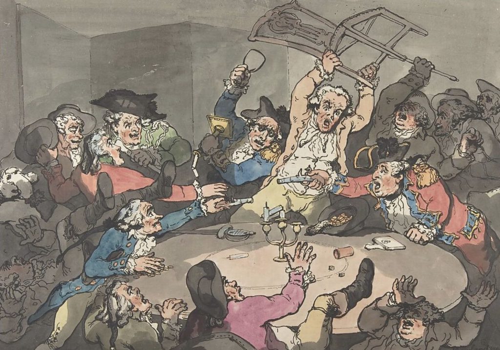 A painting "Kick-Up At a Hazard Table." In the painting, gambling men start a fight over a game. A British officer (dressed in red) who has just lost a round points a gun at a Frenchman (dressed in blue), who answers with the same gesture while other players panic and try to escape